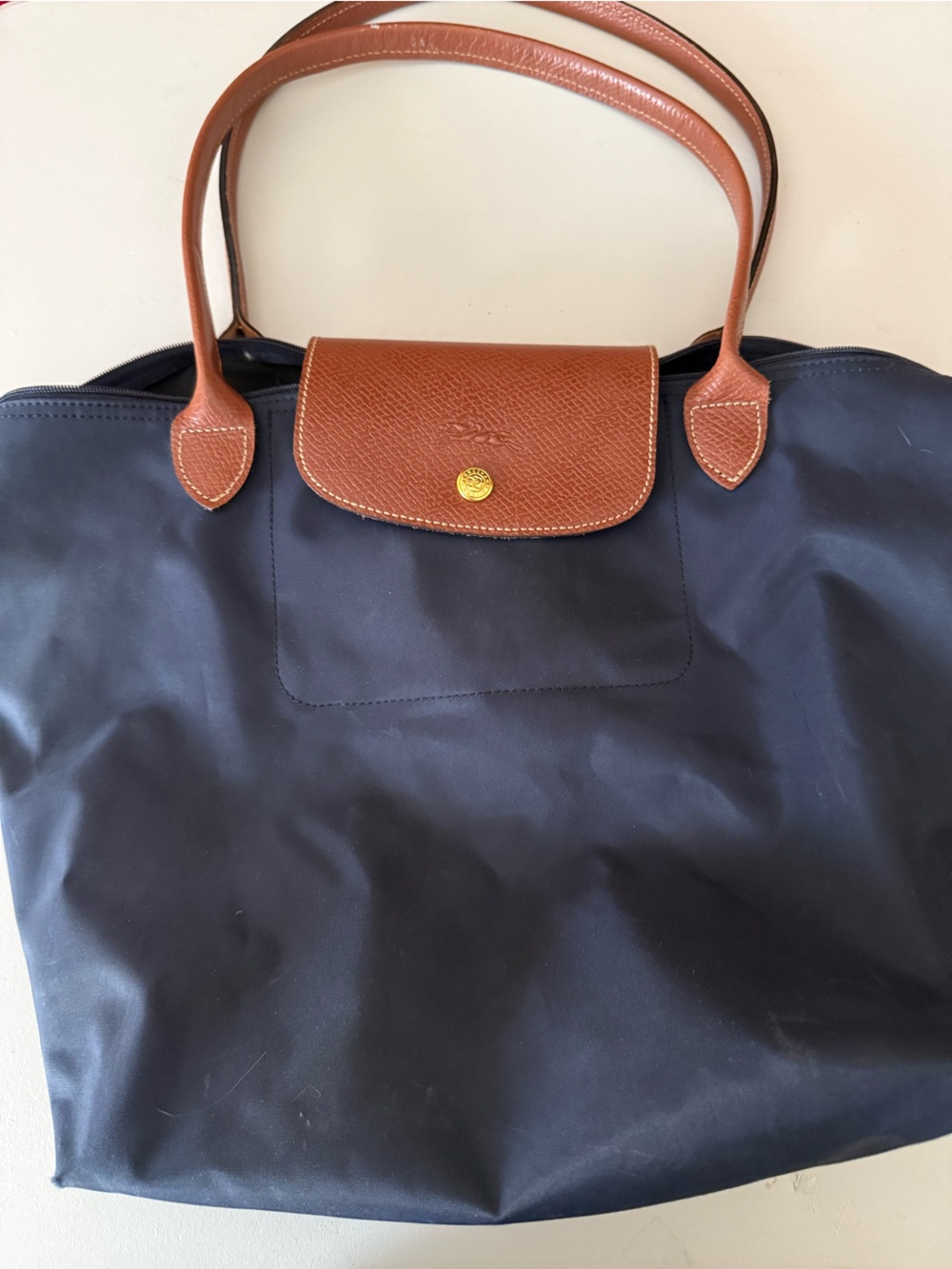 Longchamp Navy Tote with Brown Leather Trim -Large